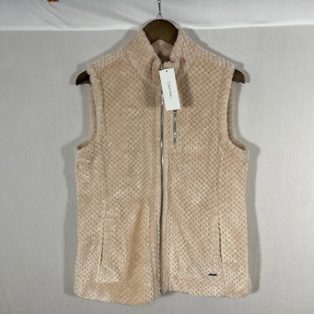 Calvin Klein Faux Fur Sherpa Vest Womens Medium Beige Zip Up NWT Soft Cozy